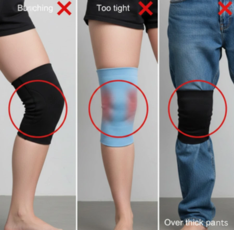 Visual examples of common mistakes when wearing a knee sleeve, including bunching, excessive tightness, and wearing over bulky pants
